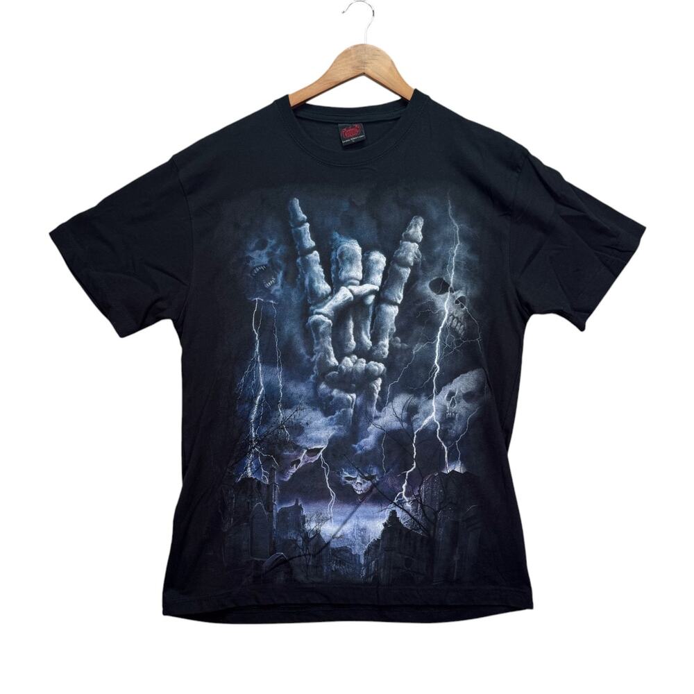 Skulls Guitar Cemetery GRIM Rock On Metal Hardcore Goth Thunder Spiral T Shirt L